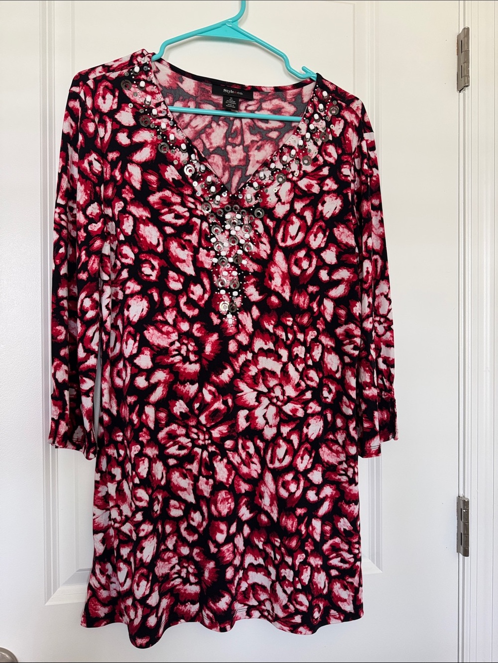 Embellished V-Neck Tunic with Pink & Black Floral Print